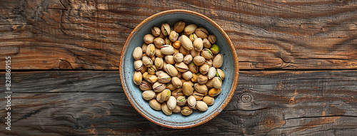 wide flat lay closeup background photo of ceramic bowl full of green and white color pistachio nuts on a rustic natural color wooden table top with copy space