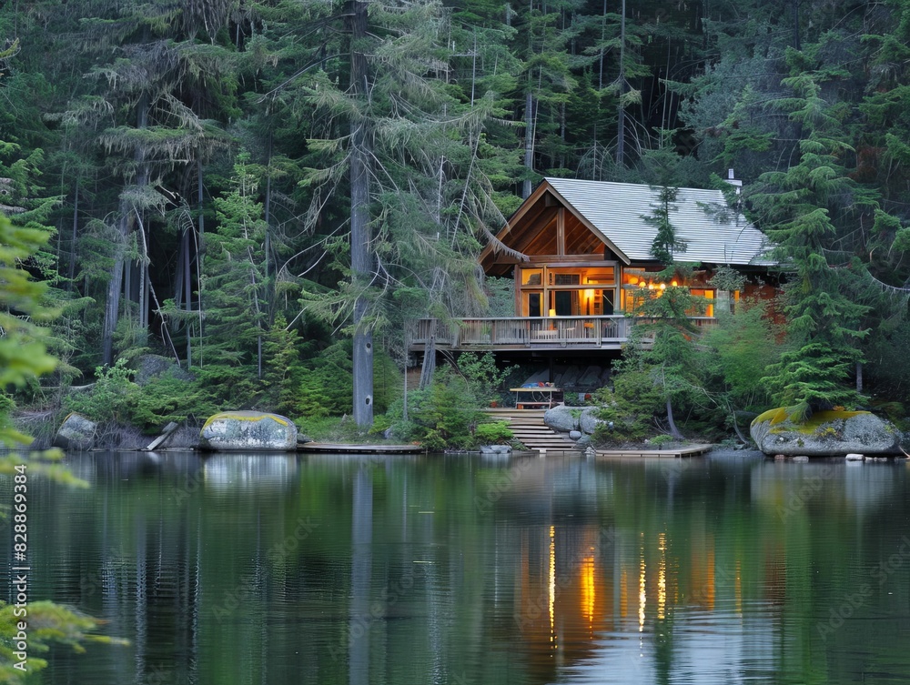 Fototapeta premium Tranquil Lakeside Cabin Retreat in a Pine Forest Haven