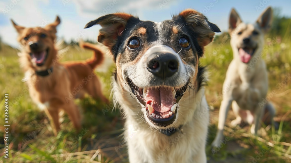 Portrait of a cute, cheerful domestic dog with his mouth open in the park outdoors. Several dogs are standing and sitting behind. Pets, dog walking and care Portrait of a cute, cheerful domestic dog with his mouth open in the park outdoors. Several dogs are standing and sitting behind. Pets, dog walking and care