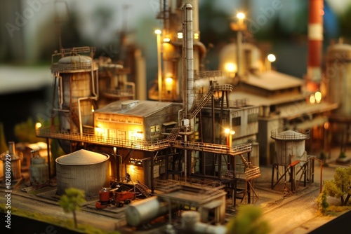 Intelligent factory internal display model  A lit-up model of an oil refinery showcasing intricate details and glowing lights  AI generated