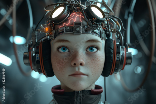 a young cartoon person wearing headphones and an electronic brain, in the style of hyper-realistic sci-fi, futuristic contraptions, dollcore, puzzle-like elements, animated gifs, futuristic victorian, photo