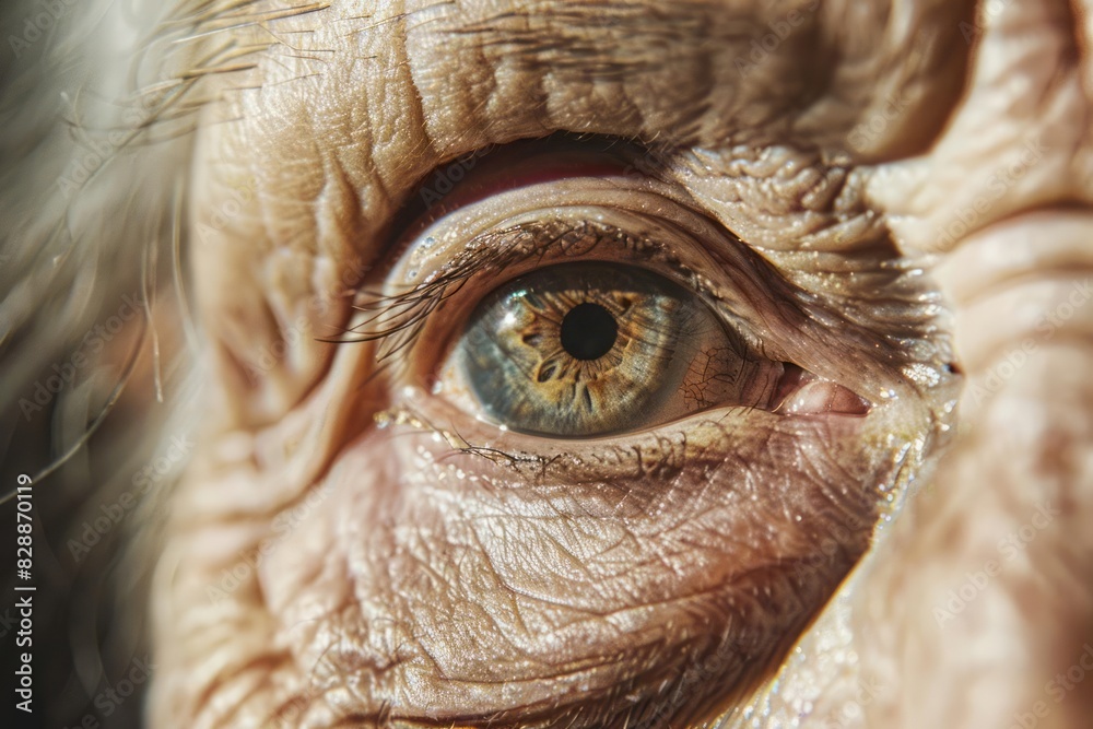 A detailed view of a senior woman eye with a cataract the slight opacity visible against the aging skin