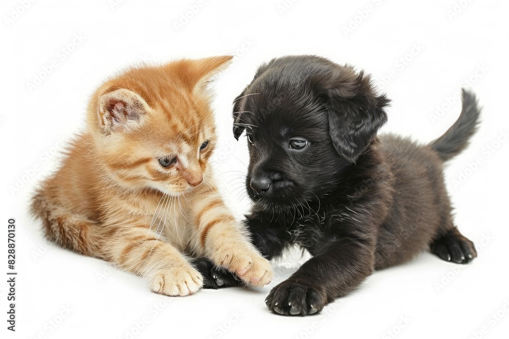 A playful kitten and a puppy with their paws on each other showing a moment of friendship on a clean white backdrop