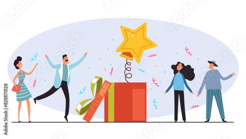 Reward gift people with box present isolated concept. Vector flat graphic design illustration