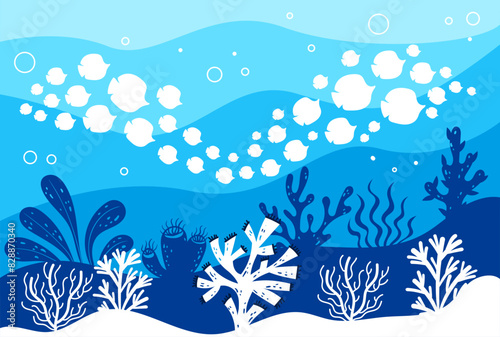 Fish shoal ocean seaweed underwater silhouette concept. Vector flat graphic design illustration
