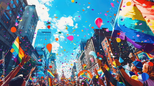 A vibrant street parade with colorful flags, balloons, and confetti under a clear blue sky, celebrating diversity. photo