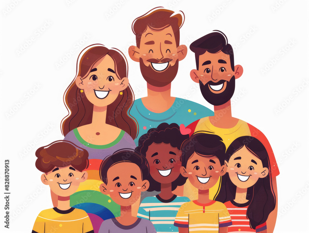 Happy cartoon family illustration with adults and children, smiling and cheerful. Perfect for family, happiness, and togetherness themes.