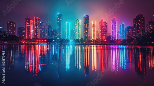 Vibrant cityscape at night with colorful neon lights reflecting off a calm waterfront, showcasing modern urban architecture in a mesmerizing display.