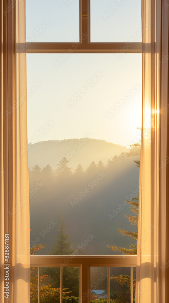 3d rendering of Serene sunrise view through a window with curtains, overlooking a misty mountain landscape. Perfect tranquil morning scenery. 3d rendering of Serene sunrise view through a window with curtains, overlooking a misty mountain landscape. Perfect tranquil morning scenery.