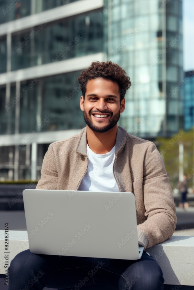 A young businessman man with a smile on his face sits outdoors with a laptop against the background of skyscrapers. Generative AI.