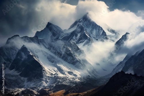 The majestic snow-capped mountain range is a sight to behold. The towering peaks seem to touch the sky, while the soft clouds add a touch of mystery and serenity to the scene. photo
