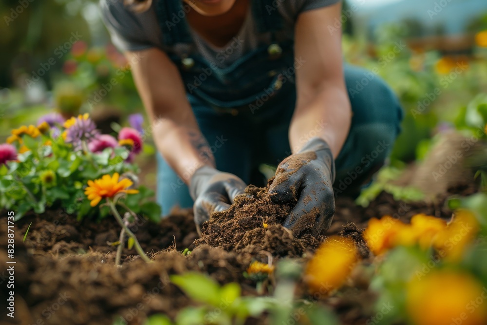 Fototapeta premium Close up of a woman planting flowers in a garden, representing horticulture, nature, and the satisfaction of gardening