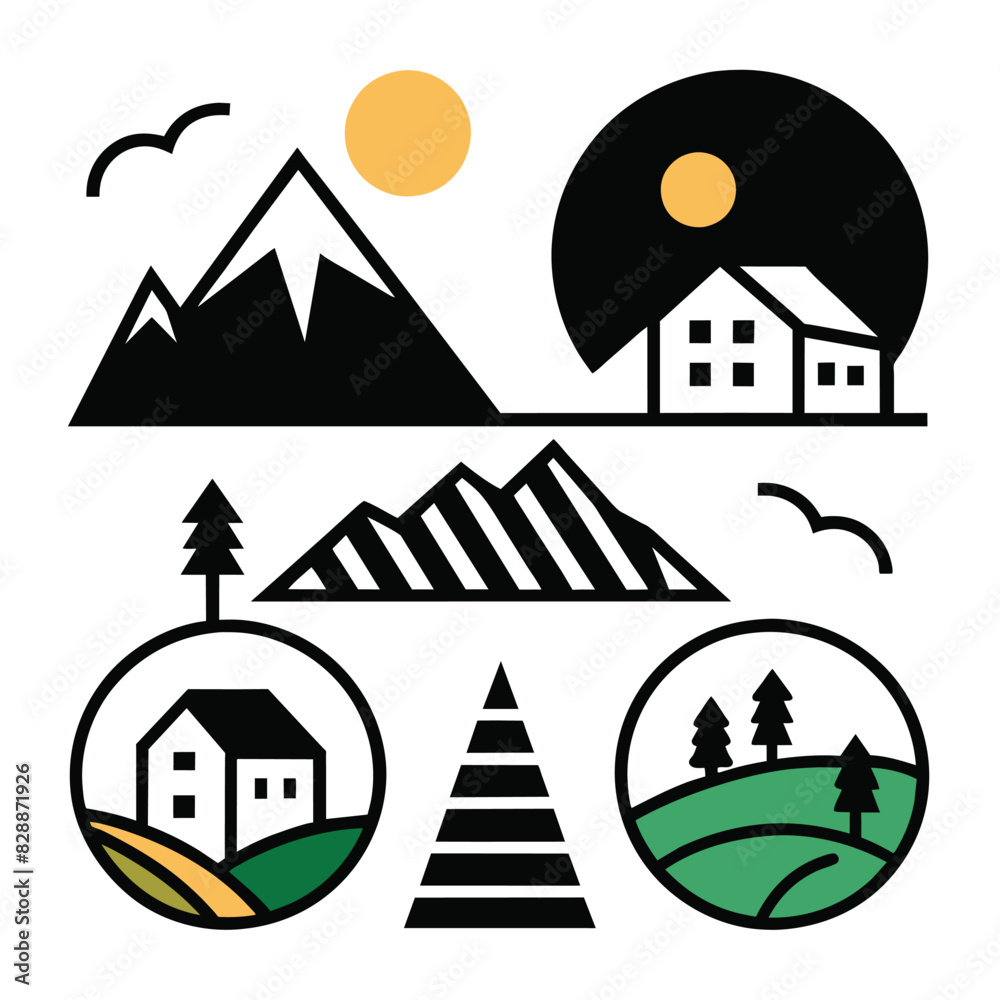 Set of Rural landscape with mountains and hills line icon. linear style Mountains with road and sun outline  vector on white background
