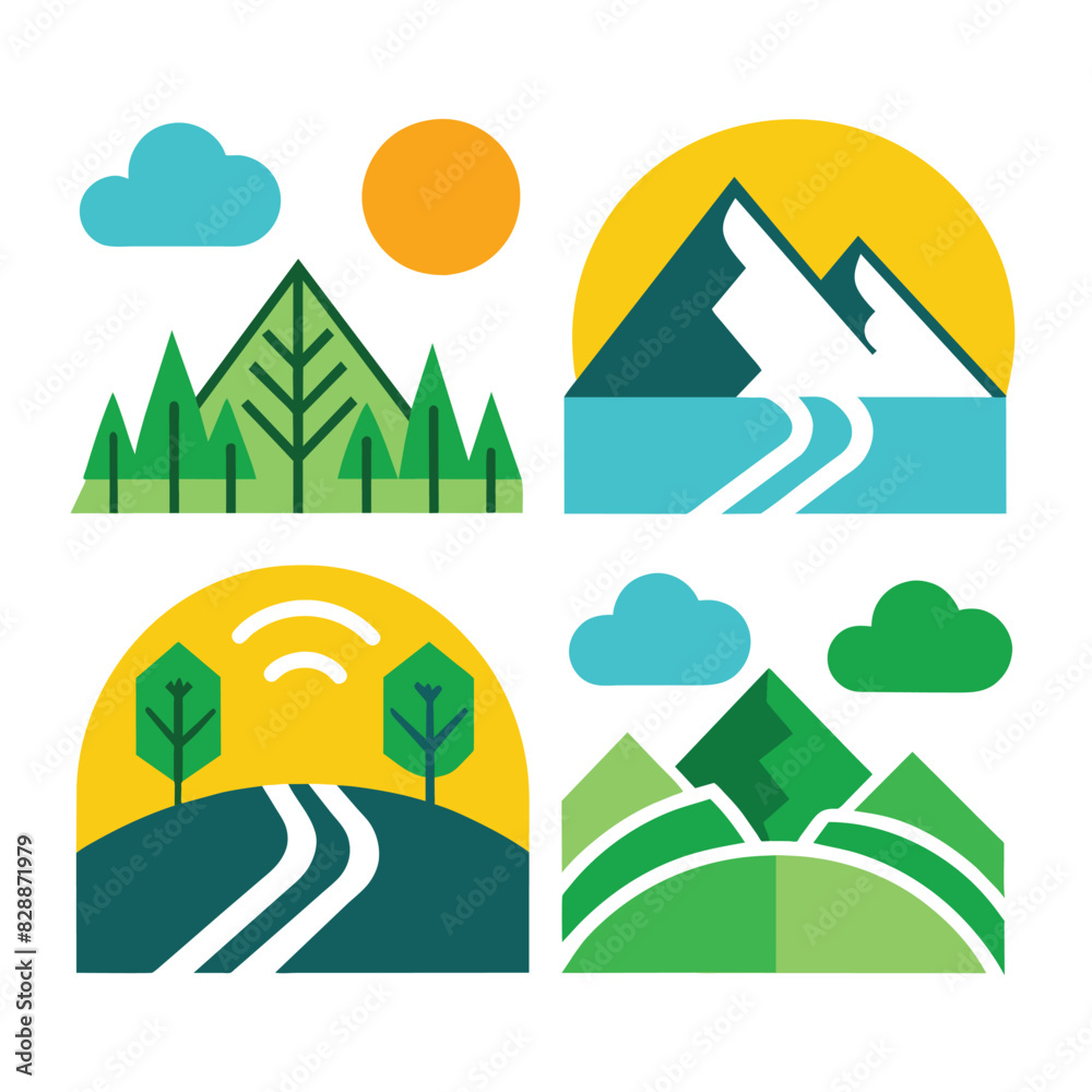 Set of Rural landscape with mountains and hills line icon. linear style Mountains with road and sun outline  vector on white background