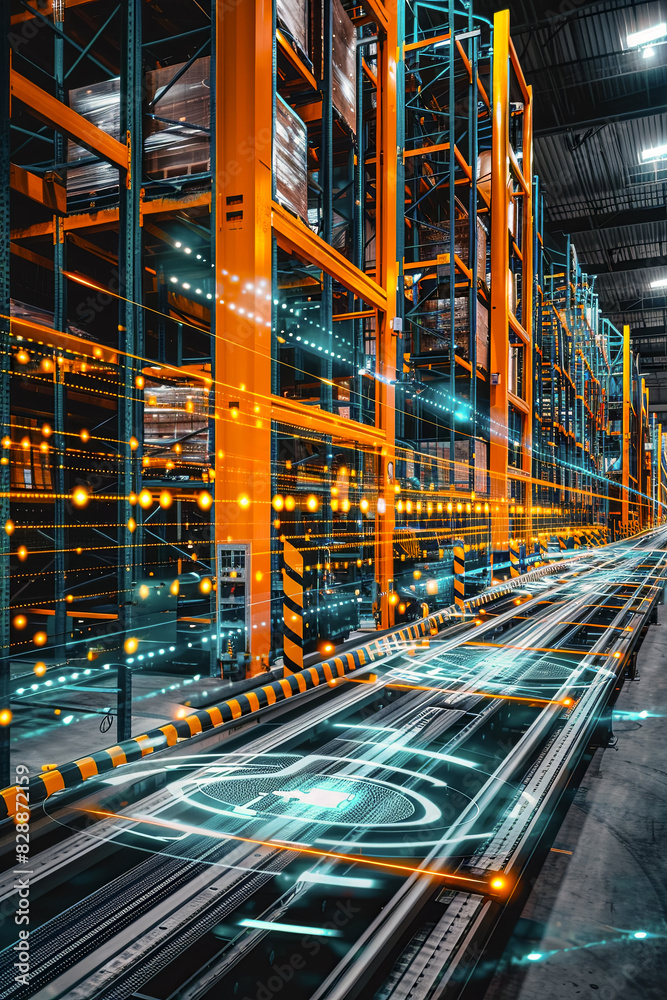 Fototapeta premium Futuristic logistics system or automated warehouse in an enterprise, vertical poster