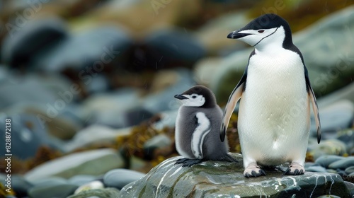 Chinstrap penguin and baby penguin perched on stones photo