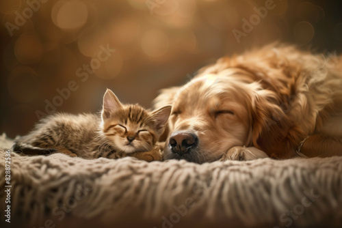 Wallpaper Mural A heartwarming scene of a sleeping golden retriever and a tiny kitten nestled together on a fluffy blanket, bathed in a soft glow with a bokeh background, capturing a moment of peaceful companionship Torontodigital.ca