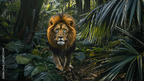 close up of a lion in the jungle, portrait of a lion, lion in the forest © Gegham