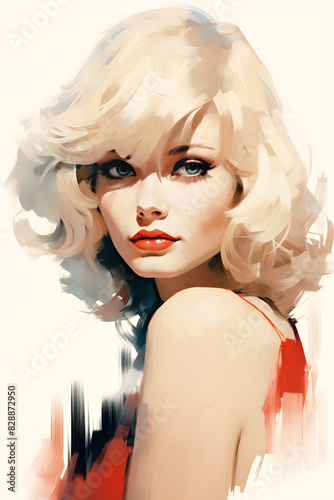 vintage style illustrated pop art style portrait of a beautiful woman  beautiful vintage style woman