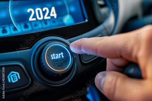 Finger about to press a car ignition button with the text "2024 start". Year two thousand and twenty three concept. Composite image between a hand photography and a 3D background. 