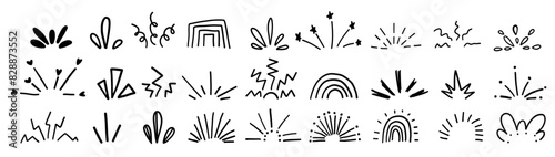 Burning burst lights rays of a sunshine doodle monochrome comic elements hand drawn cute rainbow set.