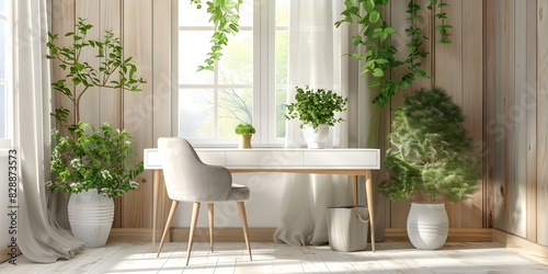 Modern desk with green plants white wood fabric chair contemporary interior. Concept Contemporary Interior Design, Modern Desk, Green Plants, White Wood, Fabric Chair