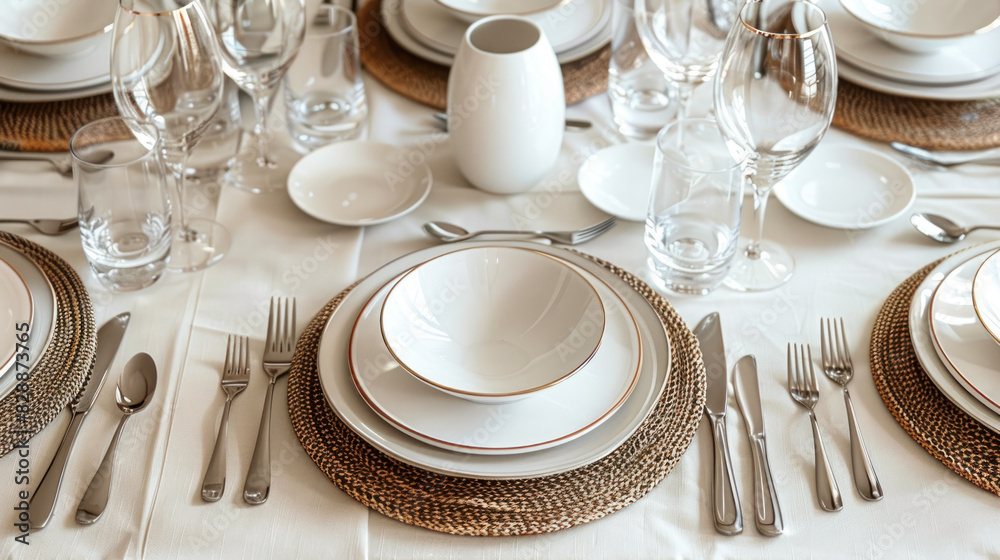 modern table setting with white background, top angled view, stock photo contest winner, soft studio lighting modern table setting with white background, top angled view, stock photo contest winner, soft studio lighting