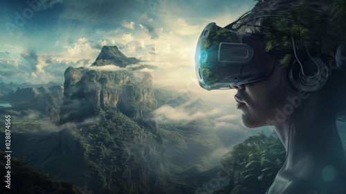 vr headsets are transforming the art of virtual reality, in the style of mountainous vistas, mesoamerican influences, dadaist photomontage, 32k uhd, mysterious backdrops, ultra hd, epic portraiture  photo