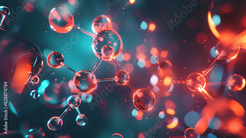 Molecule structure with glowing atoms and bonds, dynamic lighting, high detail, high realism, futuristic style.