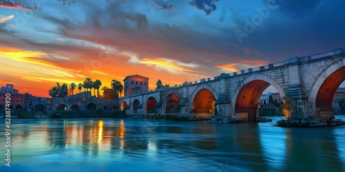 Sunset over river bridge linking ancient cities with palm trees and Roman buildings. Concept Travel Photography, Sunset Views, Ancient Architecture, River Landscapes, Historical Sites photo