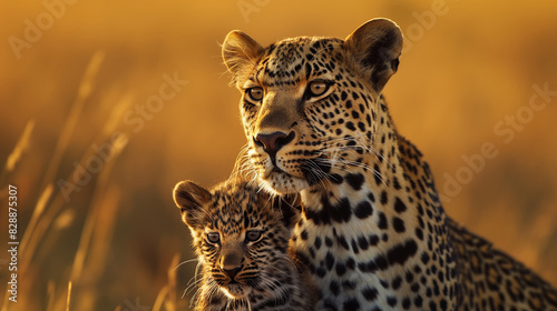 A high quality portrait of a female leopard with her cub, national geographic photography style, ai generated