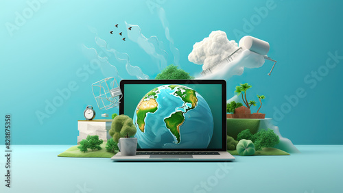 Eco-Friendly Technology  Laptop with Earth Display and Nature Elements  