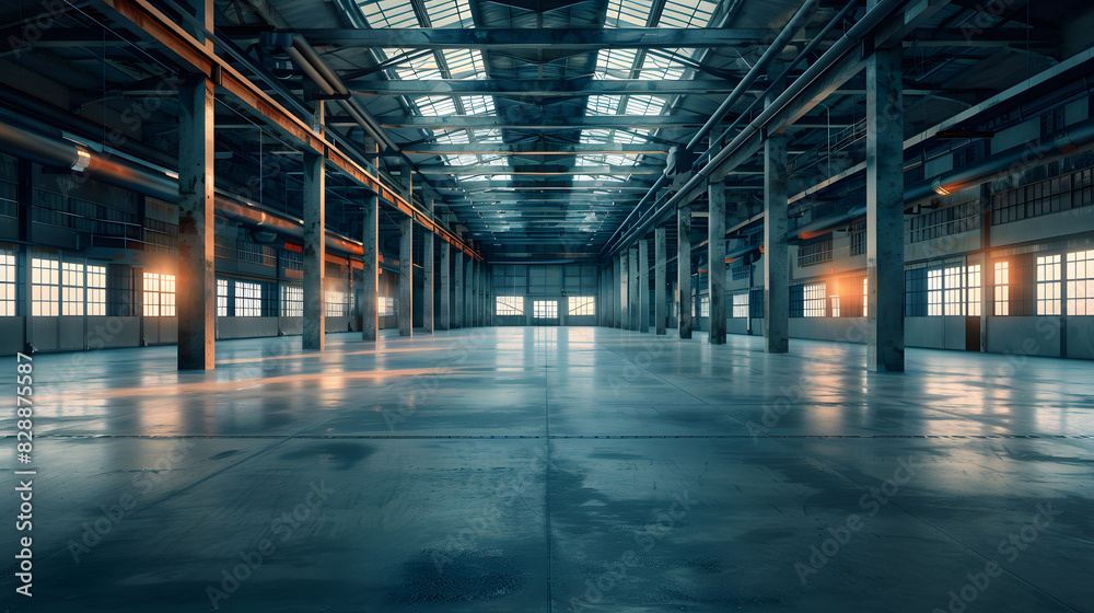 Empty parking garage interior with industrial lighting and concrete columns