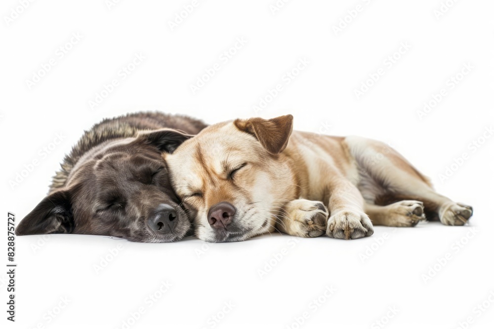 A serene cat and a calm dog lying down close together enjoying each other company on a white background