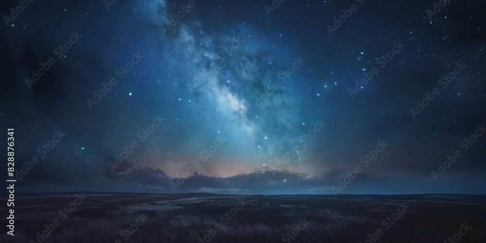 A breathtaking view of the Milky Way galaxy stretching across the night sky above a dark wild meadow