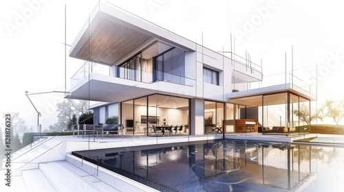 modern villa, technical drawing with dimensions and annotations photo