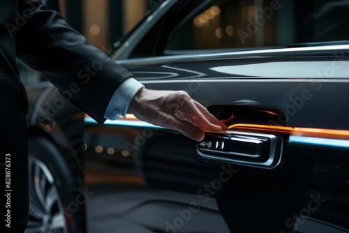 A chauffeur hand pressing the button to automatically open a high tech car door modern and sophisticated transportation © DK_2020