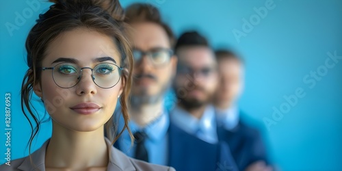 Men giving judgmental looks to a confident woman in a diverse job applicant row. Concept Gender bias, Job interview, Workplace discrimination, Stereotypes, Diversity in hiring photo