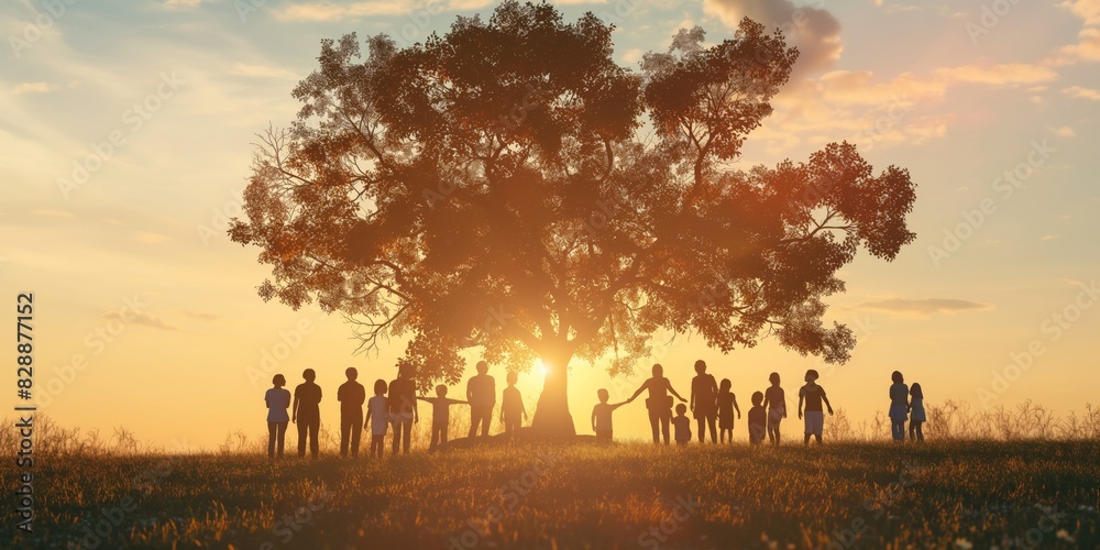 Silhouettes of a diverse group of people gathered under a large tree during a sunset Silhouettes of a diverse group of people gathered under a large tree during a sunset