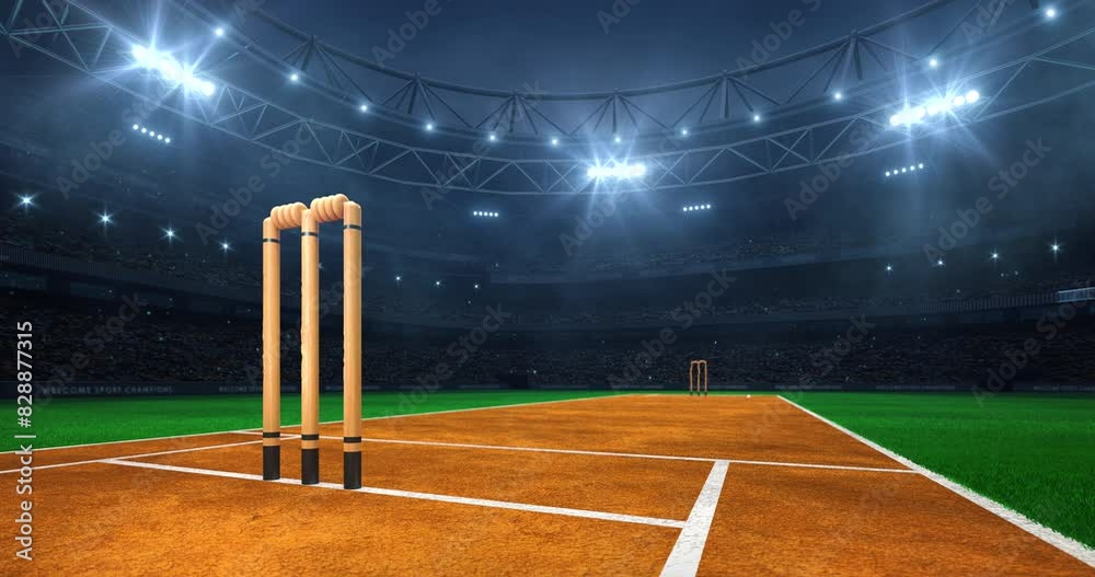 Modern sport stadium at night and cricket field with wicket ready for evening match. Looped animation of sports background as 4K video.