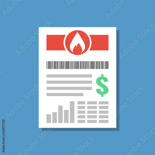 natural gas or heat bill flat design vector illustration, increasing cost of living concept, utility utility paper invoice pictogram