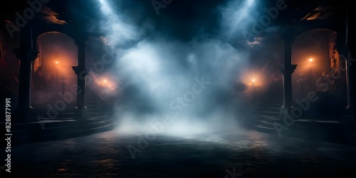 Theatrical Setting: Dark Stage with Spotlights, Fog, and Vibrant Colors for Opera Performance. Concept Opera Performance, Theatrical Setting, Dark Stage, Spotlights, Fog, Vibrant Colors