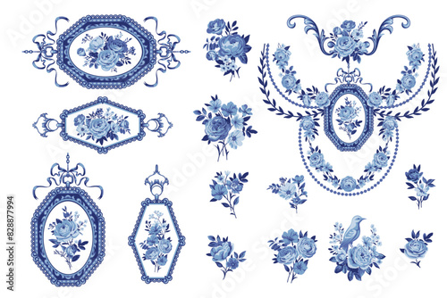 Set of floral pendants and rose bouquets in blue color