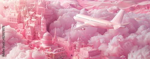 A pink city with a white airplane flying over it. The sky is pink and there are clouds in the background