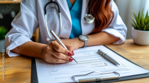 Doctor filling out a medical form with a pen, wearing a white coat and stethoscope, focused on patient care.