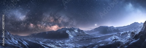 A breathtaking wide-angle view of snow-covered mountains under a clear night sky full of stars and the Milky Way