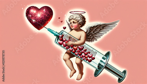 Cupid with a syringe full of love. AI generated.