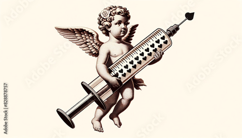 Cupid with a syringe full of love. AI generated.