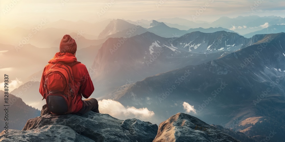 Fototapeta premium A lone hiker in a red jacket sits on a rock ledge admiring a breathtaking mountain view at sunset