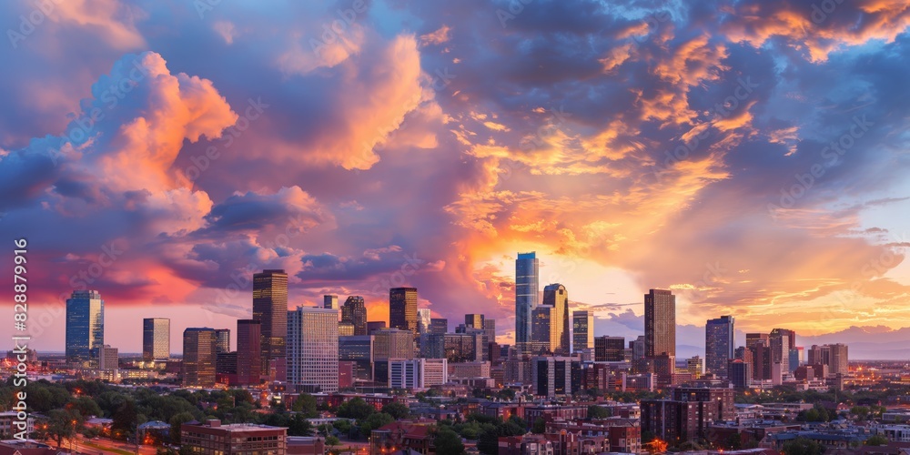 Obraz premium A vibrant cityscape against a backdrop of dramatic sunset skies with vivid colors and clouds